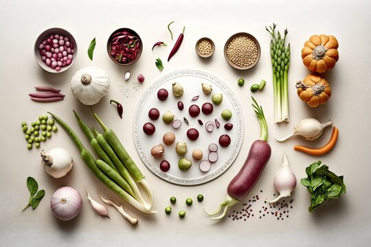 Beets, green peas and beans, zucchini, peppers, onions, garlic, and spices, all in their raw, uncooked forms, above a pale background. Image of food preparation; blank space for writing. Perspective f