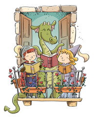 Illustration of dragon with children celebrating Sant Jordi on the balcony - 580284629