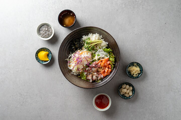 Korean food dish 모듬회덮밥 Assorted Sashimi Rice Bowl