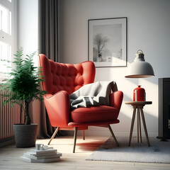 Cozy modern living room interior with red armchair and decoration room on a red or white wall background, Generative AI
