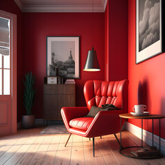 Cozy modern living room interior with red armchair and decoration room on a red or white wall background, Generative AI
