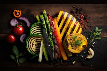 Vegetables sliced and grilled, with a dark wooden background in the background. Generative AI