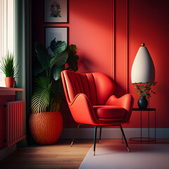 Obraz premium Cozy modern living room interior with red armchair and decoration room on a red or white wall background, Generative AI 