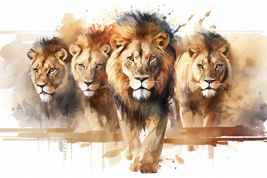 Watercolour abstract animal painting of a pride of male lions walking forward fiercely in the jungle of Africa which could be used as a poster or flyer, computer Generative AI stock illustration image
