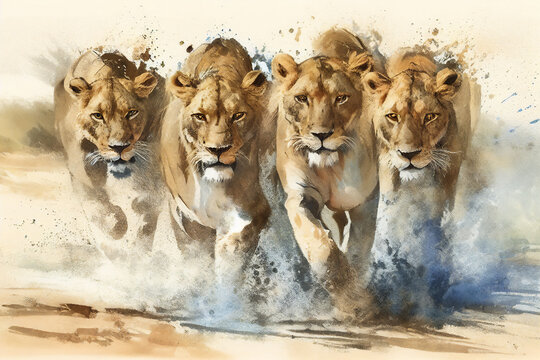 Watercolour abstract animal painting of a pride of female lions walking forward in the jungle of Africa which could be used as a poster or flyer, computer Generative AI stock illustration image