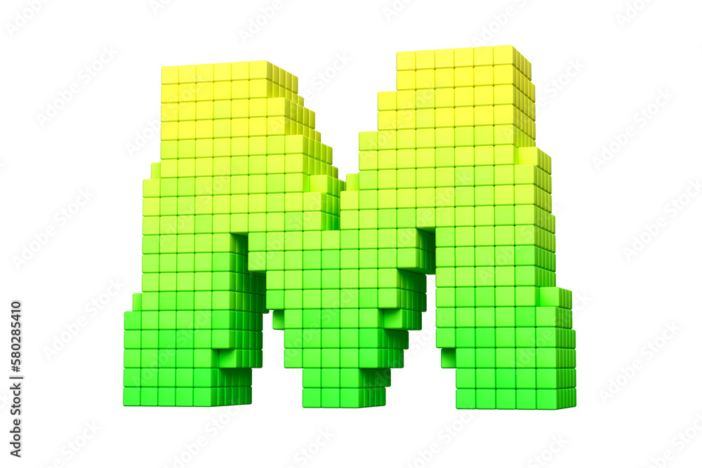 Poster pixel art characters colletction letter m in yellow to green color scheme. high quality 3d rendering