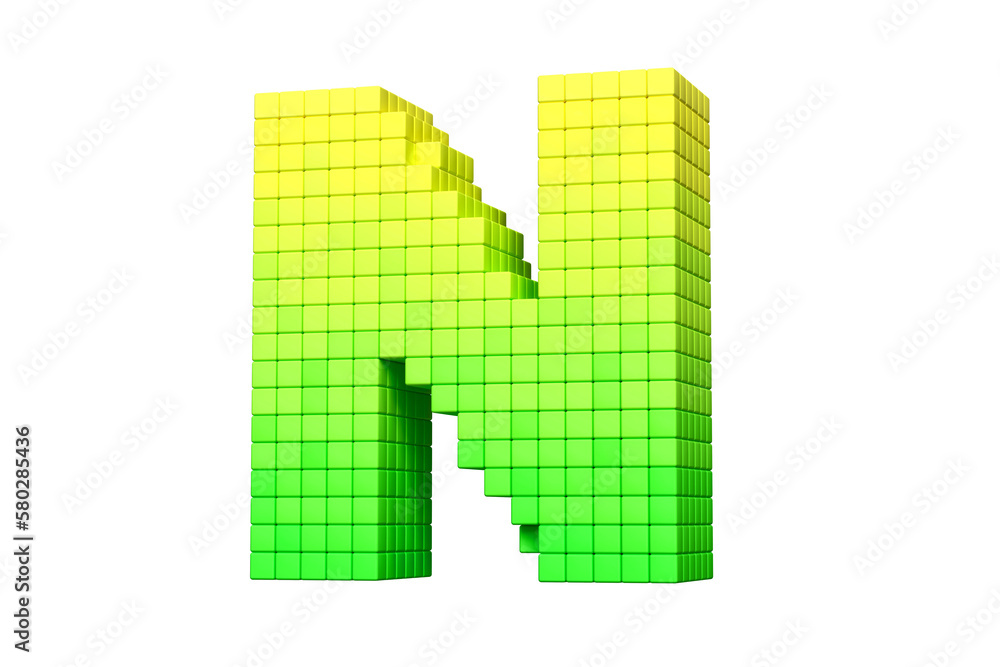 Poster pixel art typeface letter n in yellow to green color scheme. high quality 3d rendering.