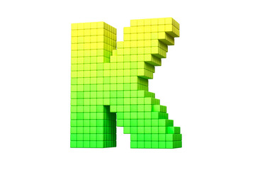Fototapeta premium Pixel art digital typography letter K in yellow to green color scheme. High quality 3D rendering.