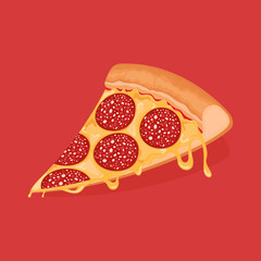 Pepperoni pizza. Slice of tasty pizza with salami and cheese. Vector illustration.
