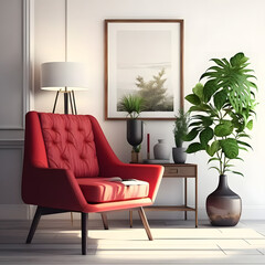 Cozy modern living room interior with red armchair and decoration room on a red or white wall background, Generative AI
