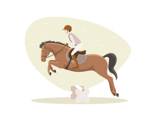 Young athlete learns to jump on a pony, vector illustration