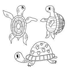 Collection cute turtles. Vector illustration. Isolate outline drawing funny animals. For design, decor, cards, print, coloring page, cards, kids collection