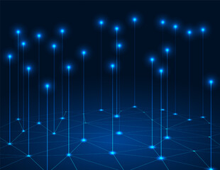 Abstract background technology wireless connection and data transmission in the cyber world Use geometric shapes to connect a dark blue background