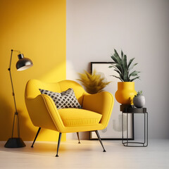 Cozy modern living room interior with yellow armchair and decoration room on a yellow or white wall background, Generative AI
