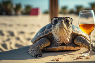 Turtle in glasses on the sea beach with a glass of wine, an animal on summer vacation basking in the sun, ai generated