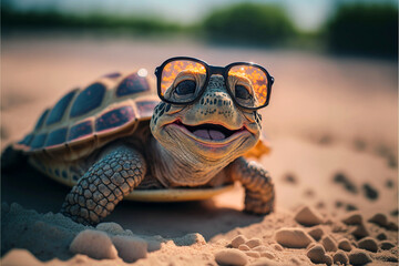 Cheerful smiling turtle in sunglasses on the sea beach, animal on summer vacation basking in the sun, ai generated