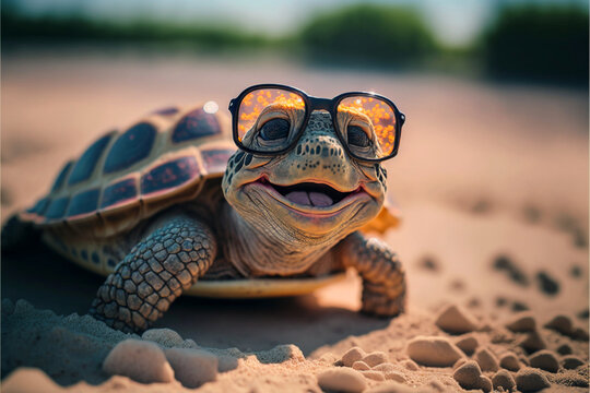 Cheerful smiling turtle in sunglasses on the sea beach, animal on summer vacation basking in the sun, ai generated