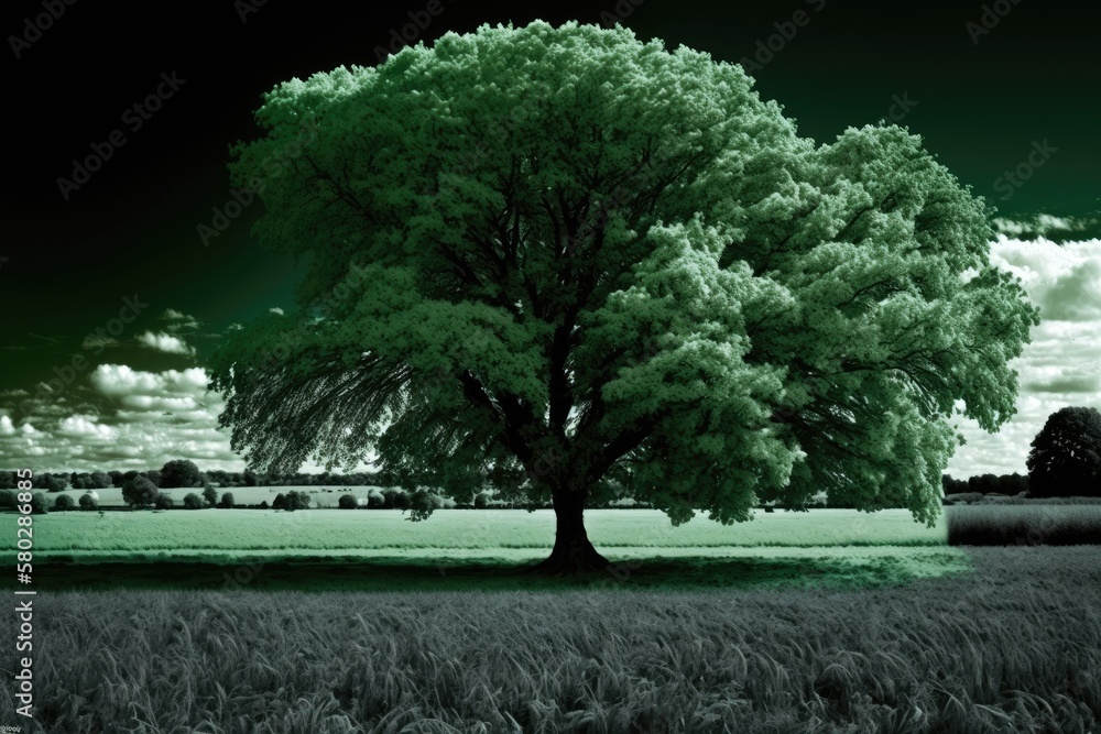 Poster tree in a green field. generative ai