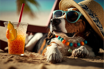 Dog with cocktail in straw Hawaiian hat and sunglasses on sea beach, Bernese mountain dog on summer vacation, created with ai