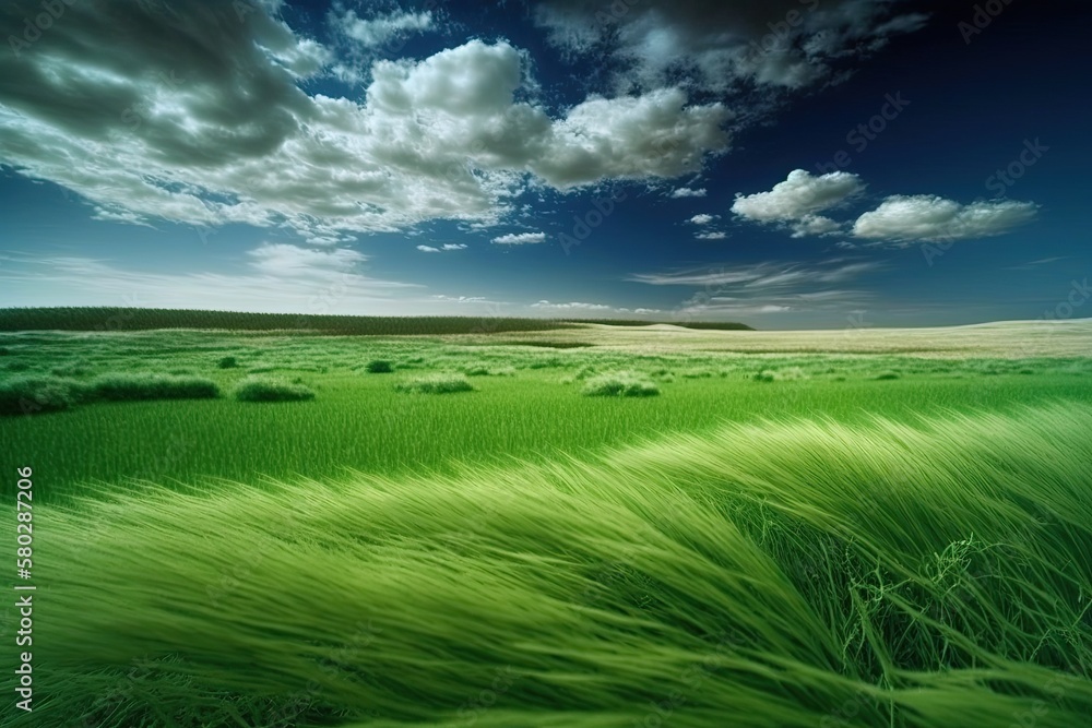 Poster the green grass of a field against the azure sky and clouds. generative ai