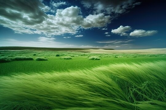The green grass of a field against the azure sky and clouds. Generative AI
