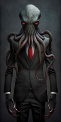 Octopus with red eyes and evil face dressed as a businessman created using generative AI technology