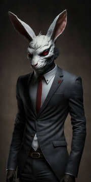 White rabbit with red eyes and evil face dressed as a businessman created using generative AI technology