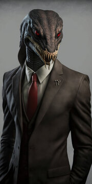 Snake with red eyes and evil face dressed as a businessman created using generative AI technology