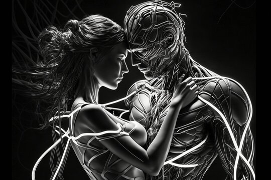 Cyborg Lovers Cuddling in Wires with Cinematic Lighting AI Generated