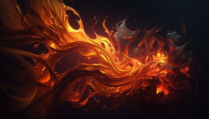 Abstract fiery texture background. Glowing fire flames illustration on black dark backdrop. Generative AI.