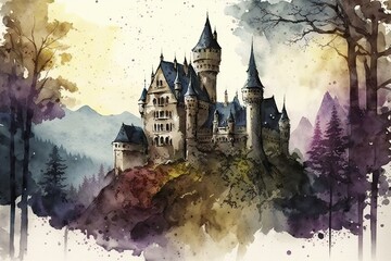 Watercolor on Textured Paper of a Wonderful Castle from a Fairy Tale. Generative AI