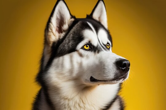 Yellow background with a husky Malamute dog staring intently towards the camera. Generative AI
