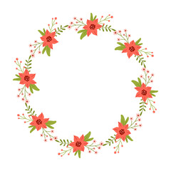 Vector wreath with green leaves, red and pink flowers and berries. Floral frame for celebrations. Spring plant round border copy space. Romantic design for greeting cards. Text template.