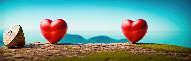 Fototapeta premium Valentine's day themed background with hearts on top of a mountain for product display, copy space, Generative AI