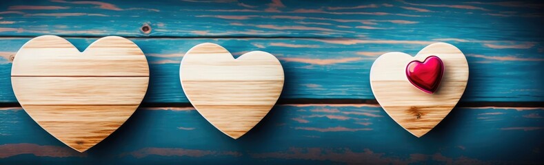 Fototapeta premium Valentine's day themed background with empty wooden table for product display, copy space, hearts in the background, Generative AI