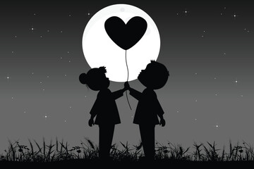 cute boy and girl silhouette landscape