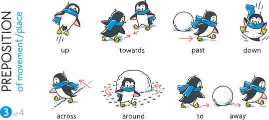 Preposition of movement Funny penguins cartoon set