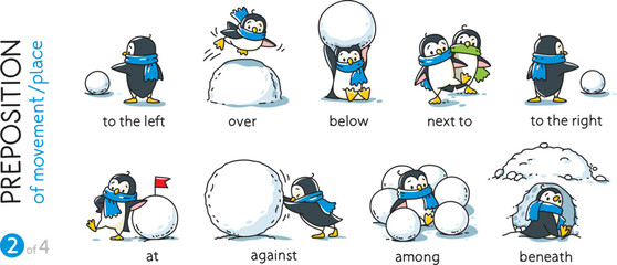 Preposition of place. Funny penguins cartoon set