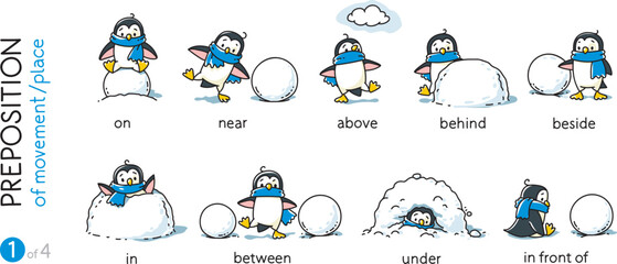 Preposition of place. Funny penguins cartoon set - 580289696
