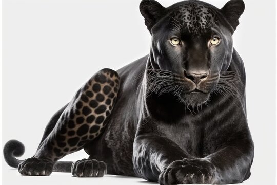 Photograph of a single black panther against a white background, Black tiger,. Generative AI