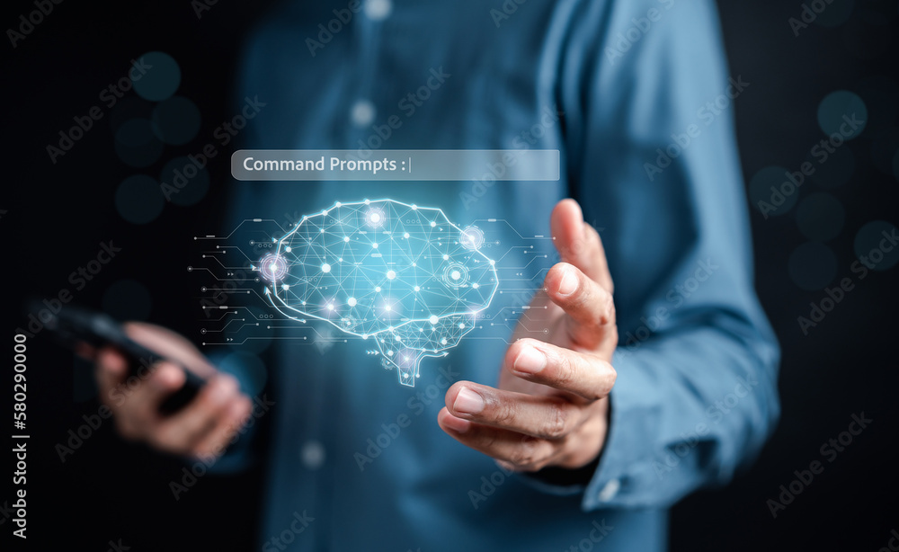 Fototapete Businessman using chat bot in smartphone intelligence Ai. Chat with AI Artificial Intelligence, developed by OpenAI generate. Futuristic technology, robot in online system...