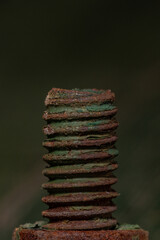 Close-up detail of moldy and rusty bolt. Close up macro shot. Vertical macro photography view. Vertical abstract texture with blurred background for design.