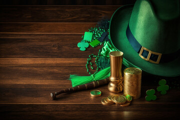 Celebrate St. Patrick's Day with this festive image featuring a leprechaun's green hat, bow tie, smoking pipe, and gold coins, all set against a wooden background. Luck of the Irish in style! Ai