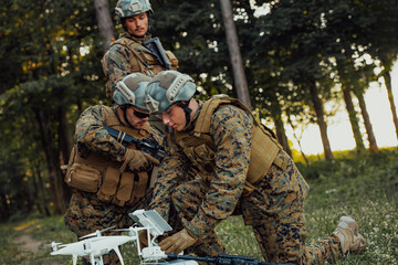 Modern Warfare Soldiers Squad are Using Drone for Scouting and Surveillance During Military Operation in the Forest.