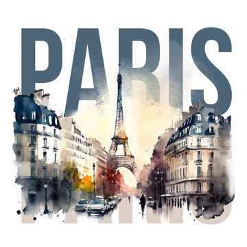 Paris watercolor eiffel t-shirt or poster design, france elf tower in paris watercolor vector illustration with transparent background in delicate colors modern art. graphics design for prints