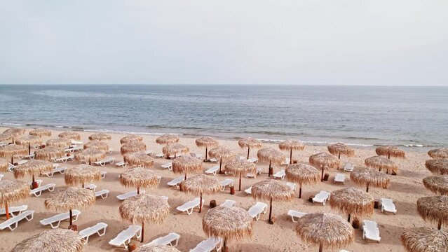 Luxury Resort Fly Over Beach Umbrellas Into Sea Drone Aerial Black Sea Off Season Bulgaria Europe