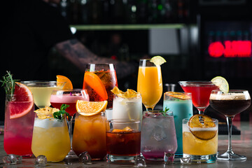 Set of alcoholic cocktails: Almond Whiskey Sour, Mango Daiquiri, Long Island, Whiskey Sour, Blue...