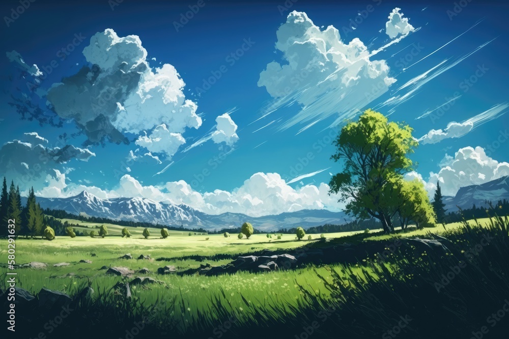 Poster scenery of a summery green meadow and azure sky. generative ai