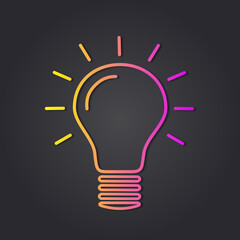 Vector illustration. Yellow pink neon light bulb isolated on black background. Side view. The concept of energy saving.