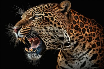 Fototapeta na wymiar Scarlet adult female jaguar roaring, with a black background. Generative AI